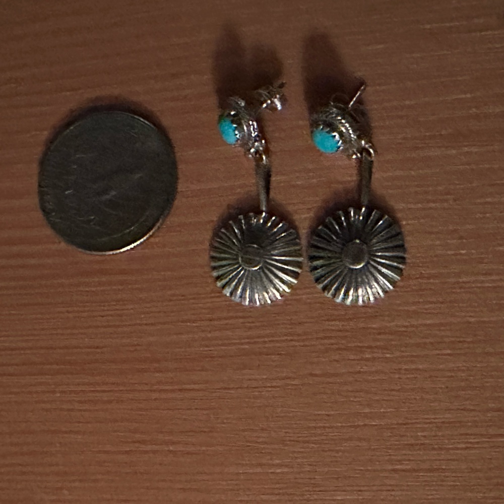 Vintage Native American turquoise sterling silver concho shield earrings - Picture 3 of 4